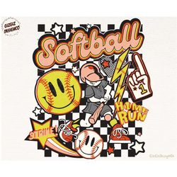 Softball Png, Checkered Softball Sublimation Png Design Download, Softball Sublimation, Smiley retro softball png shirt,