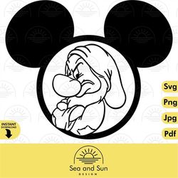 Grumpy Dwarf Svg Clip art Files, Snow White and Seven Dwarfs, Icon, Disneyland Ears, Digital, Download, Tshirt, Cut File