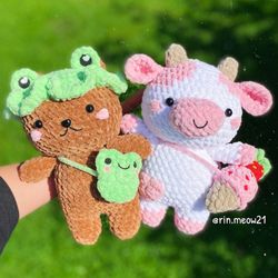 Crochet Pattern - Bear the BF, frog outfit, frog bag, chubby bear, soft plush, bear plush, cute, kawaii, squishmallow,