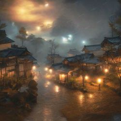 Foggy Night in a Japanese Village Tileable Repeating Pattern