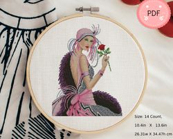 Cross Stitch Pattern,Lady With Rose,Pdf,Instant Download,X Stitch Chart