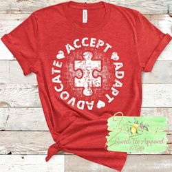 Autism awareness puzzle piece t-shirt - Adapt - Accept - Advocate - autism heart puzzle - Support - Unisex