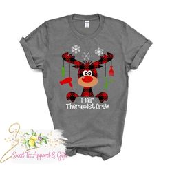Hair Therapist Crew t-shirt - Christmas shirt - Buffalo plaid shirt - Moose - Matching hairdresser Christmas shirts