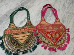 Indian Handmade Ethnic Vintage Banjara Handbag for Women,Medium tote Cotton Handbag Handmade Shopping Bag set 2