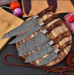 Custom Handmade Hand Forged Damascus Steel Kitchen Knives Set 5 PCS with Wood Handle
