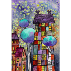 Whimsical city painting Small Original watercolor graphic art Houses artwork Gallery wall art by Rubinova