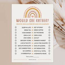 Would She Rather Game Boho Rainbow Baby Shower Mommy Quiz, Bohemian Rainbow Baby Shower Game Would She Rather Printables