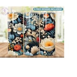 20 oz Skinny Straight Sublimation Design Blue and White PNG for 20oz Skinny Tumbler, Floral PNG Wrap, Flower Design Wate