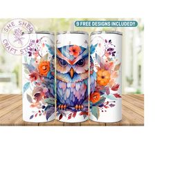 Floral Bright Color Owl Tumbler Wrap PNG Tumbler Design Sublimation Designs Downloads - Skinny 20oz - PNG Wrap