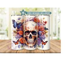 3D Watercolor Skull With Flowers and ButtefliesTumbler Wrap PNG Tumbler Design Sublimation Designs Downloads - Skinny 20