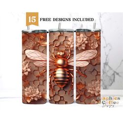 3D Rose Gold Bee Hive Flowers 20oz Sublimation Skinny Tumbler Designs, Straight Skinny Tumbler Wrap Instant Download PNG