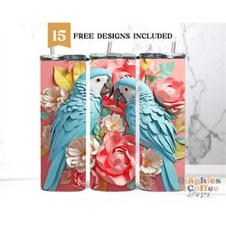 3D Parrots Soft Pink Flowers 20oz Sublimation Skinny Tumbler Designs, Straight Skinny Tumbler Wrap Instant Download PNG