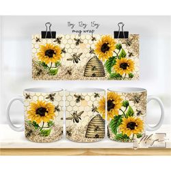 Sunflowers And Bees 11oz, 12oz & 15oz Mug Wrap Sublimation Template PNG Digital Download