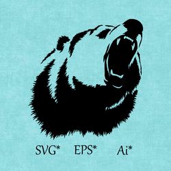 grizzly bear svg, angry bear hea, wild animal, bear mouth, bear paws, digital svg, eps, ai