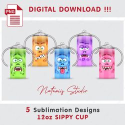 5 Funny 3D Inflated Puffy Monsters - Seamless Sublimation Designs - 12oz SIPPY CUP - Full Cup Wrap