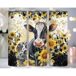 Cow 20 oz Tumbler Wrap - Sunflowers Cowhide - Tumbler Sublimation Design
