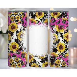 20 oz Tumbler Wrap Add Your Text - Pink Glitter Cowhide Sunflowers Tumbler Design