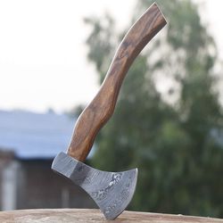 KR Hand Made Camping Axe,Hardwood Handle,Damascus Steel axe,Hatchet for Wood, Ergonomic Curved Anti-slip Handle,