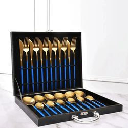 24-Pcs Luxury Modern Blue & Gold Cutlery Set