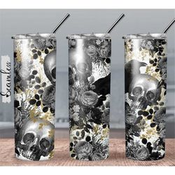 Skulls And Black Flowers 20oz Tumbler Design PNG Instant Download,Gothic Tumbler Wrap