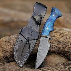 Damascus Knife - Premium Quality Hunting and Camping Tool with Walnut Wood Handle and Leather Sheath| Anniversary gifts