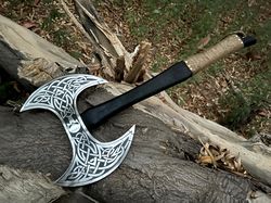 Carbon Steel Double Headed Blade Axe, Hiking Camping Forest Hatchet Axe, Vikings Valhalla Axe And Sheath
