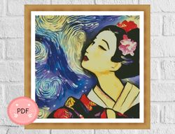 Cross Stitch Pattern,Geisha watching the starry night,Van Gogh Inspired,Asian Design,Instant Download,Full Coverage
