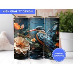 3D Tumbler Wrap 3D Kingfisher Bird Water Lilies 20 oz Skinny Tumbler Sublimation Design Tumbler Wrap Png Instant Digital