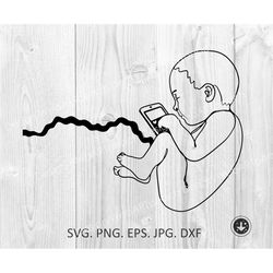 Baby belly mother svg png dxf Cute baby with phone. Umbilical cord mother and child Mother's womb Silhouette Art Design