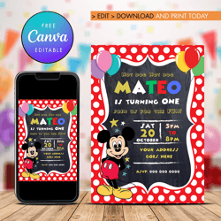 Mickey Mouse First Birthday Invitation Editable and Printable Digital Download