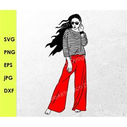Lady fashion model svg,Girl in a striped sweater and red trousers,Fashion girl clipart,woman stylish,SVG JPG PNG Vector