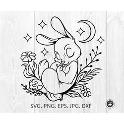Baby Rabbit svg png Cute sleeping rabbit flowers svg file, Illustration, Cut file, Decal, Cricut, Flower, Silhouette, Mu