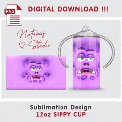 Funny 3D Inflated Puffy Monster - Seamless Sublimation Pattern - 12oz SIPPY CUP - Full Cup Wrap