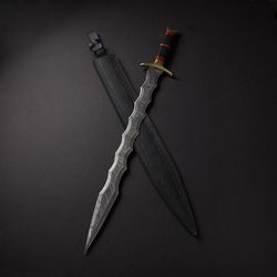 beautiful custom handmade 30 in damascus steel hunting sword with sheath zig zang swords hand forged swords mk6092m