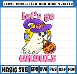Groovy Let's Go Ghouls Svg, Floral Ghost Hippie Halloween Svg,  Halloween Design, Retro Halloween Svg Png
