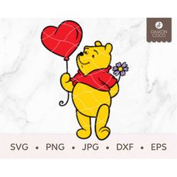Winnie Pooh Balloon SVG, Heart Balloon SVG, Winnie Pooh Valentine SVG, Flower, svg png jpg dxf eps Cricut Silhouette Cut
