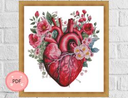 Cross Stitch Pattern, Heart Surrounded By Flowers,Pdf,Instant Download , Floral X Stitch Chart, Bouquet,Heart Shaped