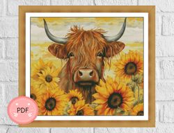 Cross Stitch Pattern, Cow With Sunflower Field,Sunflowers Detail ,Pdf Digital File,Full Coverage,Flower X Stitch Chart