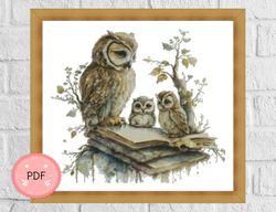 Cross Stitch Pattern,Owl Family Reading Book,Pdf ,Instant Download,X Stitch Chart,Book Lovers,Watercolor,Owl And Book