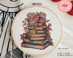 Cross Stitch Pattern, Books And Flowes 2, Pdf Instant Download , Watercolor X Stitch,Book Lovers,Roses
