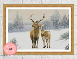 Deers Cross Stitch Pattern , X Stitch Chart , Winter Landscape , Wild Life , Snowy Mountain , Digital File