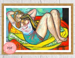 Cross Stitch Pattern,Woman with a Mandolin in Yellow and Red,Max Beckmann,Instant Download,Famous Paintings