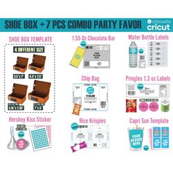 birthday party template bundle, shoe box template, party favor, chip bag template, water bottle template, pringles templ