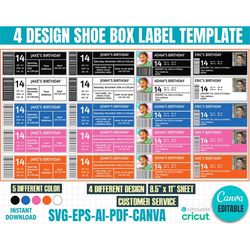 shoe box label template bundle, shoe box label svg, party box label, canva editable label, birthday box label,