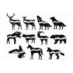 Animals Mountain SVG, Wildlife SVG, Animals SVG Files for Silhouette & Cricut. Mountain With Deer Bear Fox Eagle Elk Moo