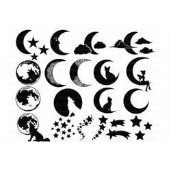 Moon Bundle SVG, Cat and Moon, Fairy Moon Svg, Half Moon, Full Moon, Wolf Howling at Moon, Moon SVG Files for Silhouette