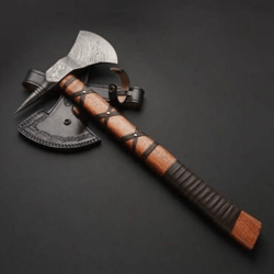 Custom Handmade Damascus Blade throwing Axe With Ash Wod Handel Leather Wrapping