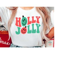 Holly Jolly SVG, PNG, Smile Face SVG, Retro Wavy Text, Christmas Shirt, Sweatshirt Svg, Cricut Svg Cut File, Png Shirt S