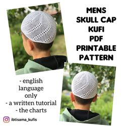 Crochet white skull cap kufi PDF printable pattern