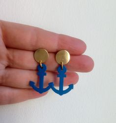 Blue wooden anchor earrings Barbie inspired earrings Navy blue yacht anchor earrings Cosplay earrings Dark blue anch